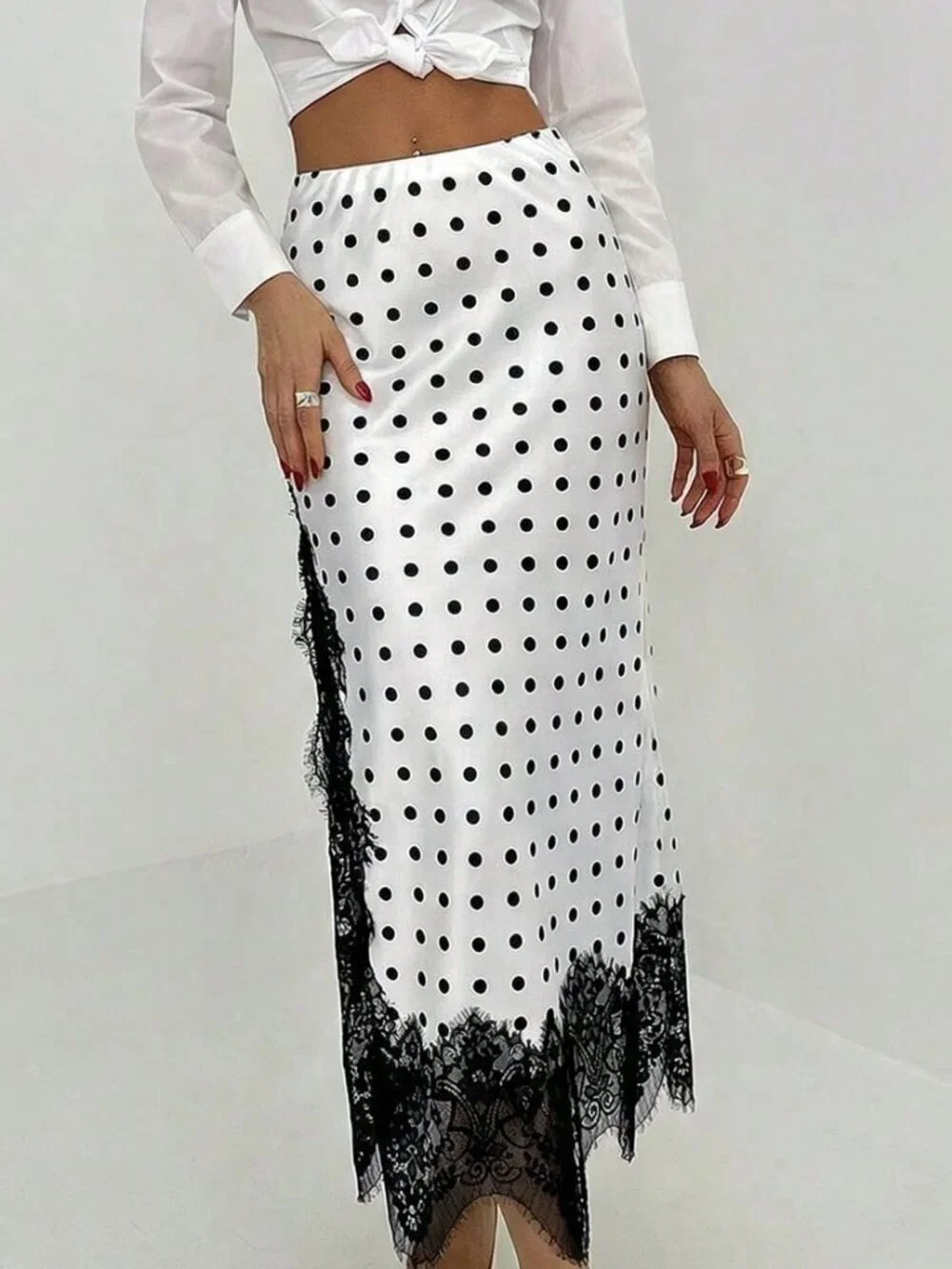 Black And White Elegant Women's Polka Dot Print Lace Patchwork Skirt